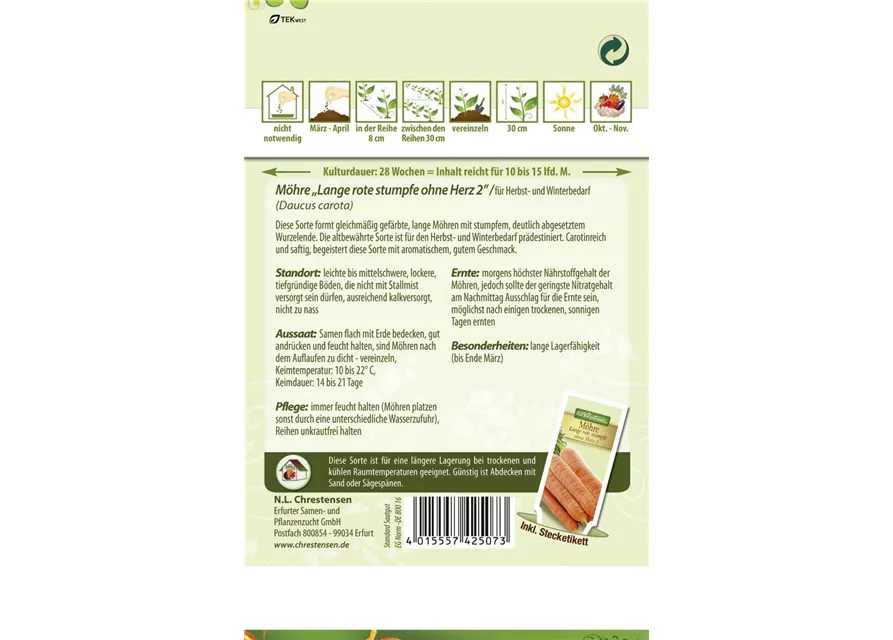Möhresamen 'Lange, Rote, Stumpfe ohne Herz 2'