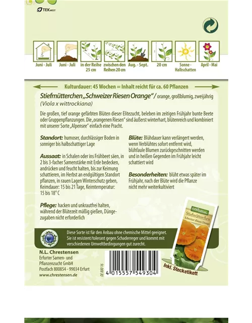 Stiefmütterchensamen 'Schweizer Riesen Orange Sonne'