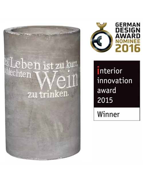 Weinkühler aus Beton mit schicker Prägung "Das Leben ist zu kurz, um schlechten Wein zu trinken"