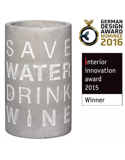 Weinkühler aus Beton mit schicker Prägung "Save Water, Drink Wine"